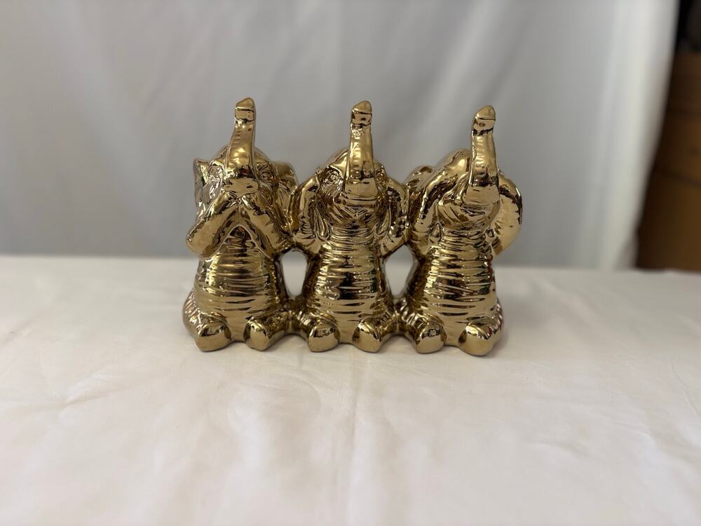 Gold Ceramic 3 Elephants Statue See Hear Speak No Evil Figurine Home Decor 11"